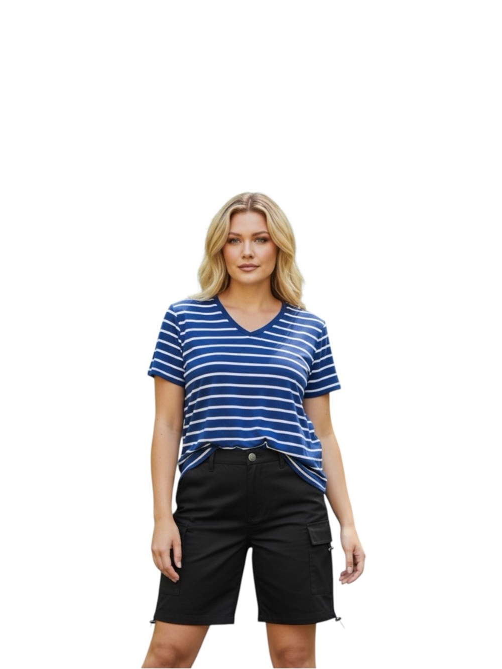 GAP Plus Size Blue and White Striped V-Neck Short Sleeve Tee XXL